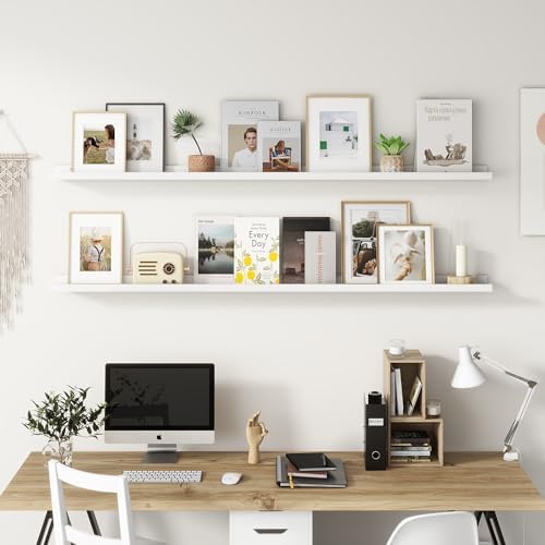 FLYJOE Picture Ledge Shelf, Floating Shelves Set of 2, Solid Ash Wood 72'' Long Large Nursery Book Shelves for Toys Storage, Kids Bookshelf for Living Room Bedroom Decor Books Photo Frames, White
