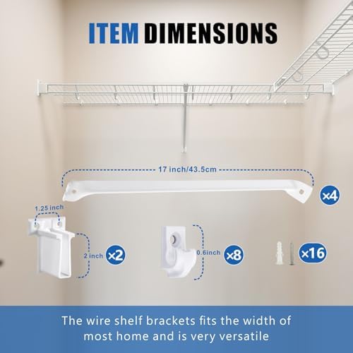 12 Inch Wire Shelf Brackets Set, 4 Pcs Support Brackets Kit for Wire Shelving, Include Mental Closet Support Brace, Down