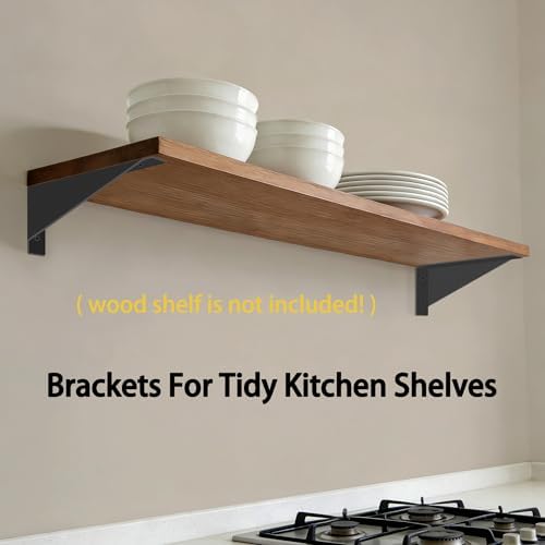 BRATA 12 Inch Shelf Brackets, Black, 4 Pack, Metal Shelving Brackets