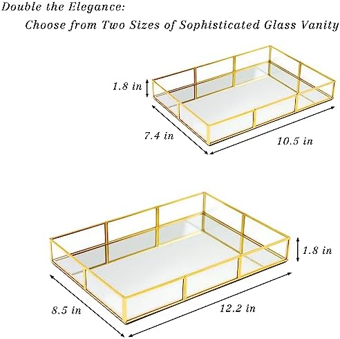Perfume Tray Vanity Tray with Metal Frame, Gold Tray for Bathroom, Jewelry or Home Decoration 2 Pcs (L+S)