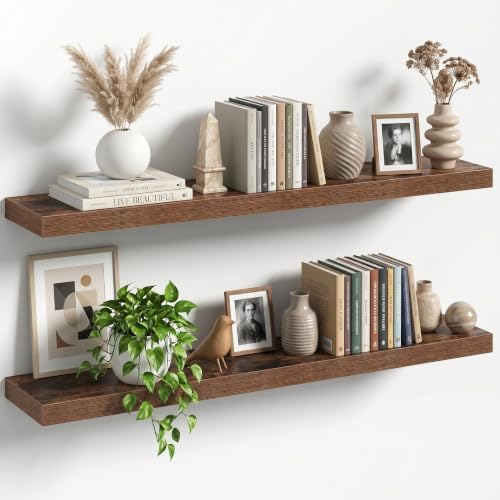 40" Floating Shelves for Wall, Set of 2, 8" Deep, 1.5" Thick, Brown