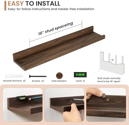 Dreamland Picture Ledge Shelf for Wall, Floating Shelves Set of 2, 24 Inch Long Floating Shelves with Lip for Living Room, Bedroom, Bathroom, Kitchen, Walnut