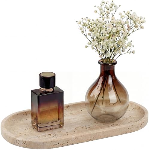 YKAJO Natural Travertine Beige Oval Marble Tray, 11.8x5.9 Vanity Organizer