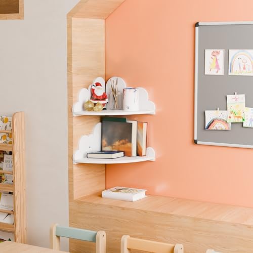 Cloud Corner Floating Shelves, 2-Tier White Cloud Corner Shelf Wall Mounted, Cute Nursery Wall Decor, Small Wooden Displ