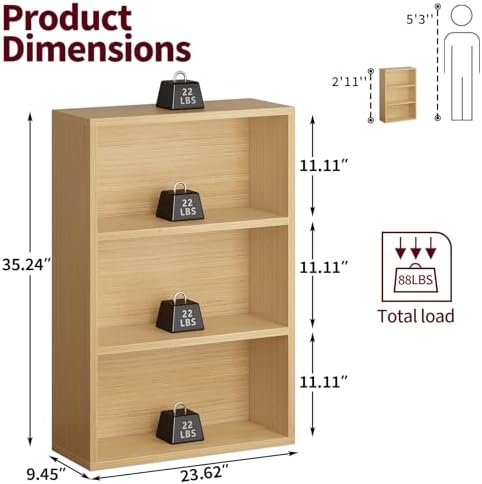 ALISENED 3-Tier Bookshelf, 23.6 × 9.4 × 35.2in, Small Bookshelf