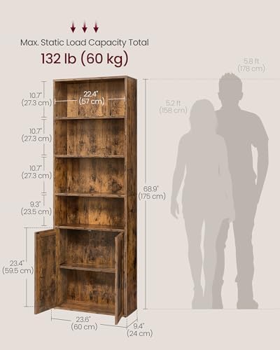 VASAGLE 6-Tier Bookshelf with Doors, 23.6 x 9.4 x 68.9 Inches