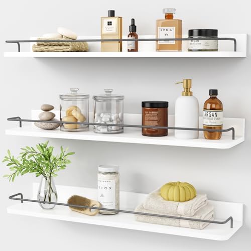 Forbena Floating Shelves for Wall 24 Inches Long, Modern White Wall Shelving Unit for Bedroom, Wood Hanging Shelf for Ki