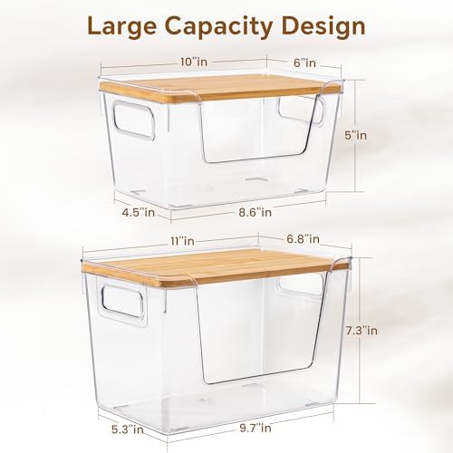 Criusia 2 Large and 2 Small Pantry Organizers and Storage with Bamboo Lids, Stackable Clear Bins for Onion, Potato, Frui