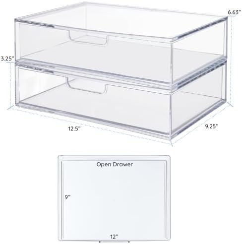 STORi STAX Plastic Stackable Organizer Drawers (Set of 2) Clear | 12.5" Wide | Set Includes Two Open Drawer | Organize Office Desk Accessories & Sort Paper | Made in USA