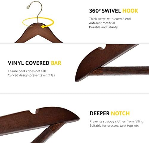 Quality Wooden Hangers - Slightly Curved Hanger 20-Pack Sets - Solid Wood Coat Hangers with Stylish Chrome Hooks - Heavy-Duty Clothes, Jacket, Shirt, Pants, Suit Hangers Walnut - Gold Hook