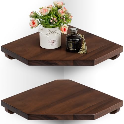 Demigo Hexagon Corner Floating Shelves, 2-Pack Acacia Wood Wall Shelf