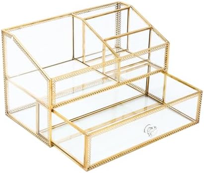 Vintage Gold Makeup Organizer - Glass Makeup Organizer Countertop Organizer for Make-Up Brushes Vanity, Tabletop Organiz