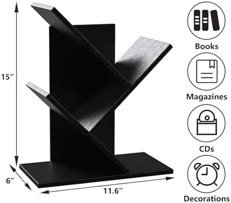 R RUISHENG 3 Tier Small Tree Bookshelf Storage Organizer Shelves Floor Standing Bookcase Desk Wood Storage Rack for Home