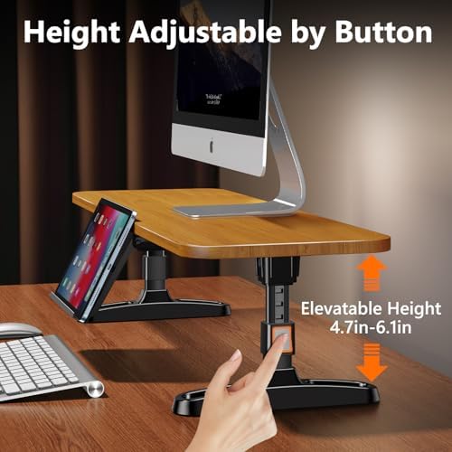 Ergonomic Wooden Monitor Stand Riser with Height Adjustable Button
