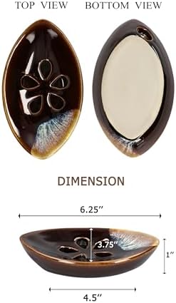 Ceramic Soap Dish with Self Draining Tray for Bar Soap, Bathroom, Kitchen (Brown No.3)