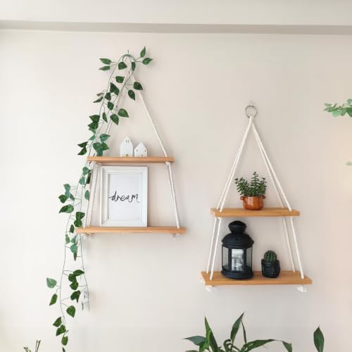 Hanging Shelves for Wall, Living Room, Bedroom - Boho Room Decor Aesthetic - Hanging Plant Shelf Decor - Floating Shelve