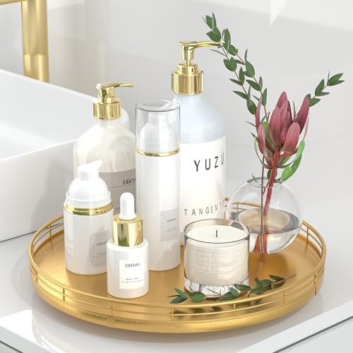 Oroyutor 12-Inch Oak Lazy Susan Decorative Tray with Gold Metal Rail