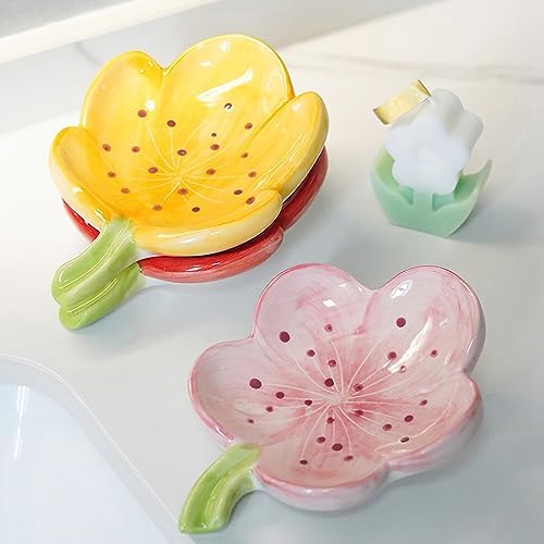 Self-Draining Soap Dish Ceramic Cute Bar Soap Holder for Countertop, Kitchen, Bathroom, Bedroom, Peach Blossom, Pink