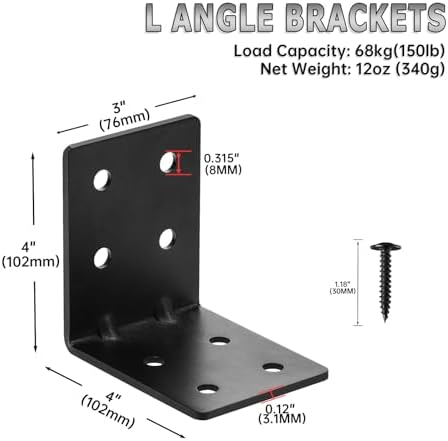 8 PCS Heavy Duty Steel Corner Brackets, 4"x4"x3" 90 Degree L Right Angle Bracket, DIY L Shelf Brackets, Metal Joint Timb