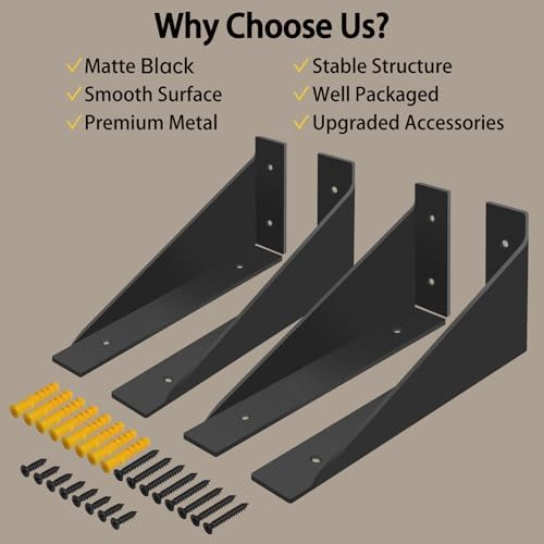 BRATA 12 Inch Shelf Brackets, Black, 4 Pack, Metal Shelving Brackets