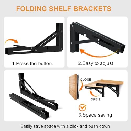 Storystore Folding Shelf Brackets, 16 Inch 2 Pcs Black Stainless Steel