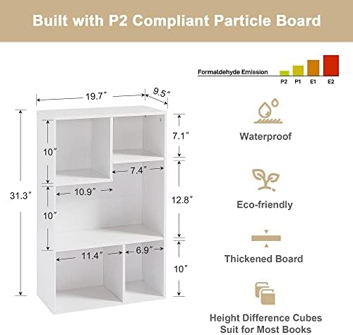VECELO Modern White Bookshelf, 31.3" H Freestanding Wide Open Cubby Storage Cabinet, Uneven Compartments, Thickened Boar
