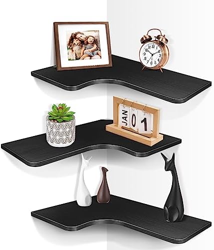 Homode Corner Shelves Wall Mounted, Set of 3 Floating Corner Shelves with Cord Hole, 3 Tier Wooden Hanging Display Shelf