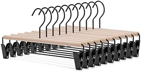 Nature Smile Beech Wooden Pants Skirt Hanger for Jeans Bottom Trousers with 2-Adjustable Black Matt Clips and Hook 10 Pack (Natural Wood+Black Metal)