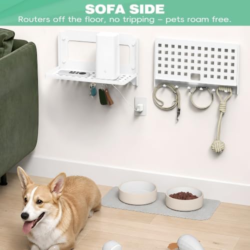 Router Shelf with Hooks & Magnetic Catch - Wall Mount Folding Shelf