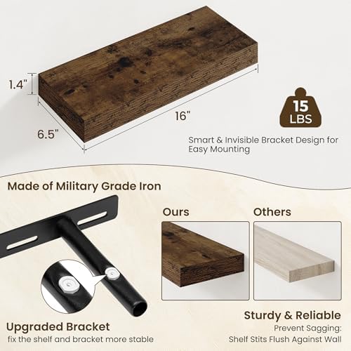 Axeman 16Inch Floating Shelves for Wall, 2 Packs, Invisible Brackets, Brown