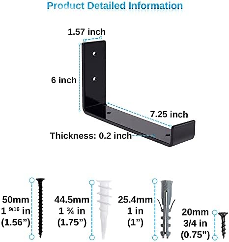 Shelf Brackets 4 Pack Heavy Duty Floating 8.0" L x 6.0" H x 1.5" W (Fits: 7.25" Board) Black Metal Shelves Wall Mounted 