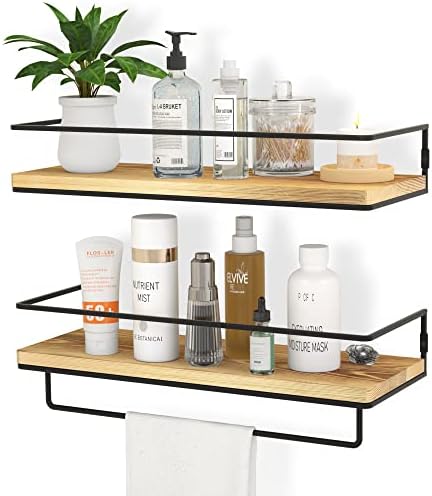 ZGO Floating Shelves for Wall Set of 2, Wall Mounted Storage Shelves with Metal Frame and Towel Rack for Bathroom, Kitch