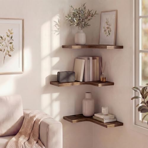 Corner Floating Shelves for Wall Mounted L-Shaped Wood Corner Wall Shelf, Hanging Shelf for Bathroom, Bedroom, Kitchen, 
