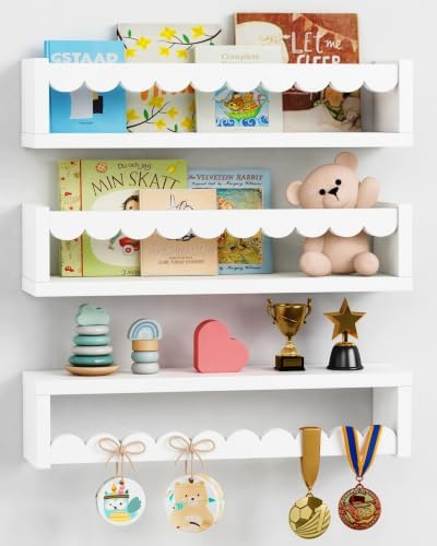 White Scalloped Floating Shelves for Wall, Scallop Nursery Book Shelves
