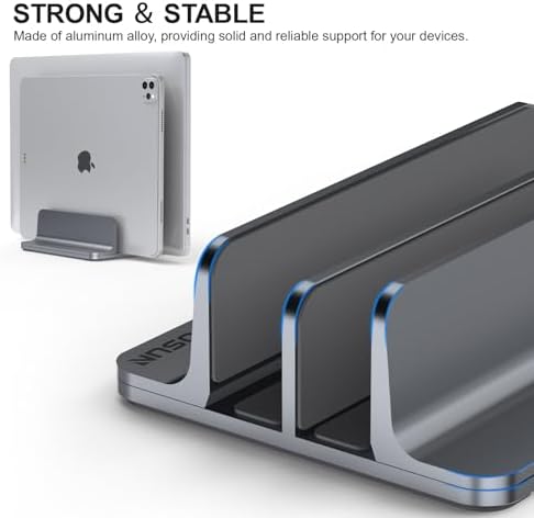YICOSUN Dual-Slot Aluminum Vertical Laptop Stand for Desk - Adjustable Width Dock for MacBook, Surface, Samsung, HP, Del