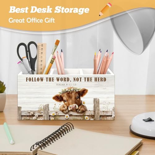 Farmhouse Highland Cow Christian Pen Holder Organizer for Desk Accessories, Highland Cow Gifts, Isaiah 8:11-13 Bible Verse Religious Wooden Box Sign Desk Decorations for Home Office Decor