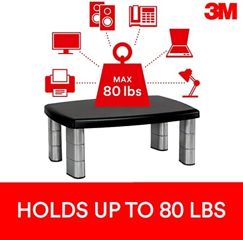 3M Adjustable Monitor Stand, Three Leg Segments, Simply Adjust Height from 1" to 5 7/8", Holds Up to 80 lbs, 11" Space B