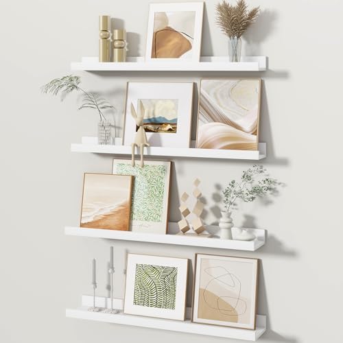 Fun Memories Picture Ledge Shelves Set of 4, 24 Inch Rustic Wall Mounted Floating Shelves with Lip for Home Storage and 