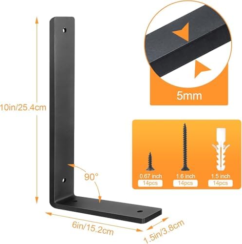Floating Shelf Bracket 10 Inch, 12 Pack Heavy Duty Shelf Brackets, Black Wall Shelf Bracket for DIY Decorative with Moun