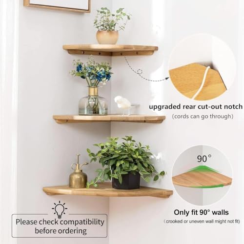 Corner Shelf, 12inch Solid Oak Wood Floating Corner Shelves Wall Mount Round End Floating Speaker Shelf with Wire Hole f