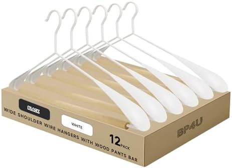 Wide Shoulder Wire Hangers with Beechwood Pants Bar, White, 12-Pack