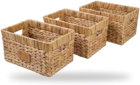 Handmade Water Hyacinth Wicker Storage Basket with Handles – Rectangle Organizer Bin for Shelves, Blanket, Bathroom, Clo