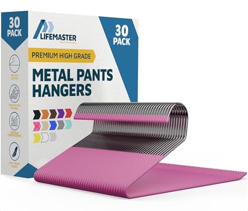 Lifemaster Metal Pants Hanger Set - 30 Pieces Elegant Non-Slip Closet Space Saving Hanger Set for Pants, Trouser, Blankets, and Jeans with Open Ended Sleek Design - Pink