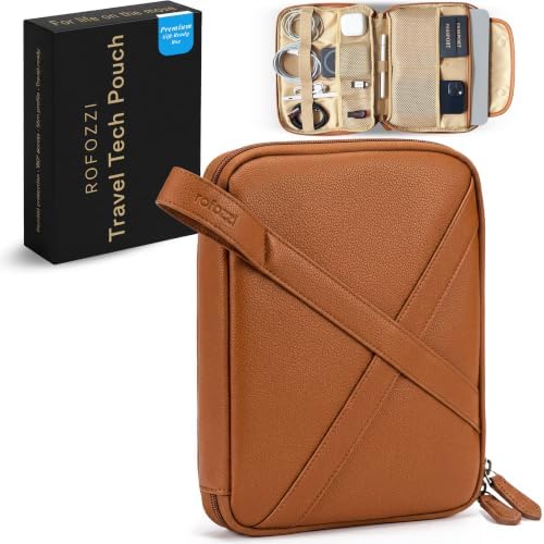 rofozzi Vegan Leather Travel Tech Pouch, Electronics & Cable Case Organizer with Padded 11-Inch Tablet Sleeve and Passpo
