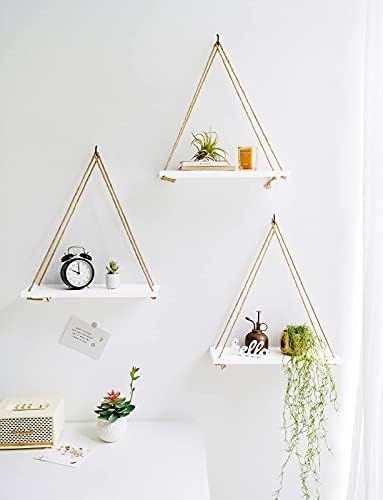 Mkono Wood Hanging Shelves for Wall Boho Decor Swing Rope Rustic Floating Shelf, Set of 3 Wall Display Shelving Home Org