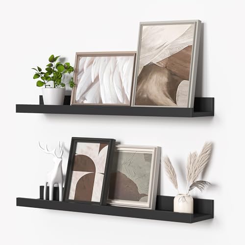 Heimlove Picture Ledge Shelf, Floating Shelves Set of 2, 24 Inches Picture Shelf for Wall with Ledge, Kids Bookshelf Wall Mounted for Living Room Bedroom Decor Books Photo Frames - Black