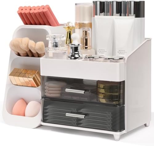 Makeup Organizer for Vanity with Brush Holder and 2 Drawers, White