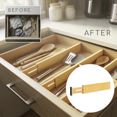4 PCS Expandable Wooden Drawer Dividers, 2.6 in High Adjustable Wood Drawer Organizers, 12.5 to 17.5 in Spring Loaded Se