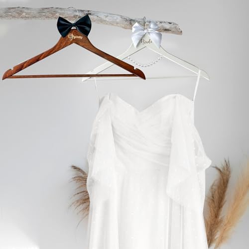 2 Pack Wedding Hangers Gifts Accessories, Groom Bride Hanger for Wedding Dress or Suit, Bridal Hanger with Bow Tie & Exq