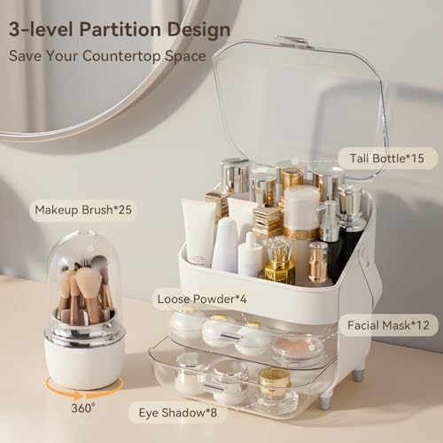 Makeup Organizer for Vanity with Brush Holder, Lid and 2 Drawers, Sliver
